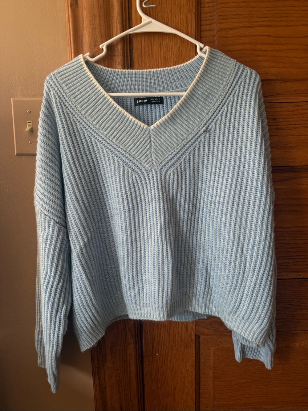 SHEIN Pastel Blue V-Neck Ribbed Pullover